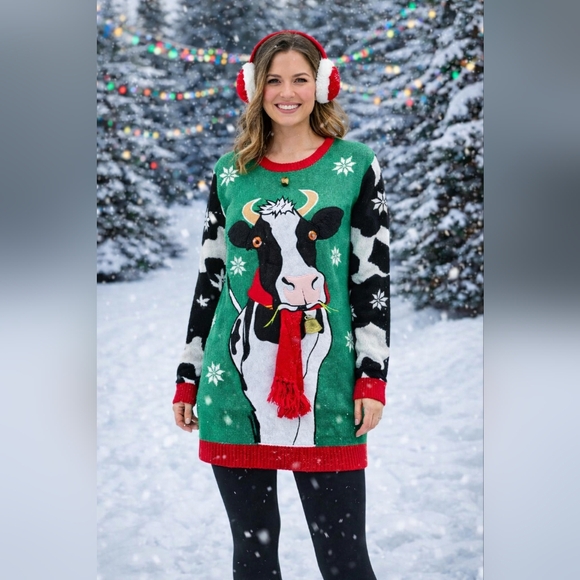 Jolly Sweaters Sweaters - Jolly Sweaters Cow Christmas Ugly Sweater Large Festive Holiday Knit Retro Fun